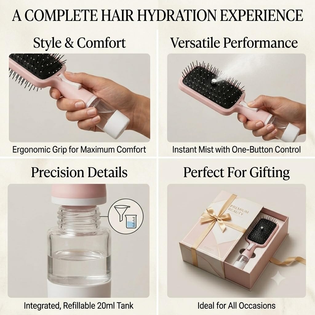 2-in-1 Spray Hair Brush with Water Mist, Pink