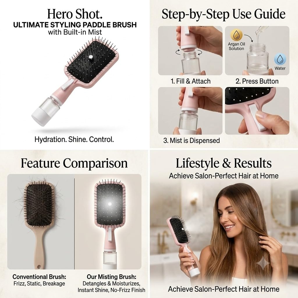 2-in-1 Spray Hair Brush with Water Mist, Pink