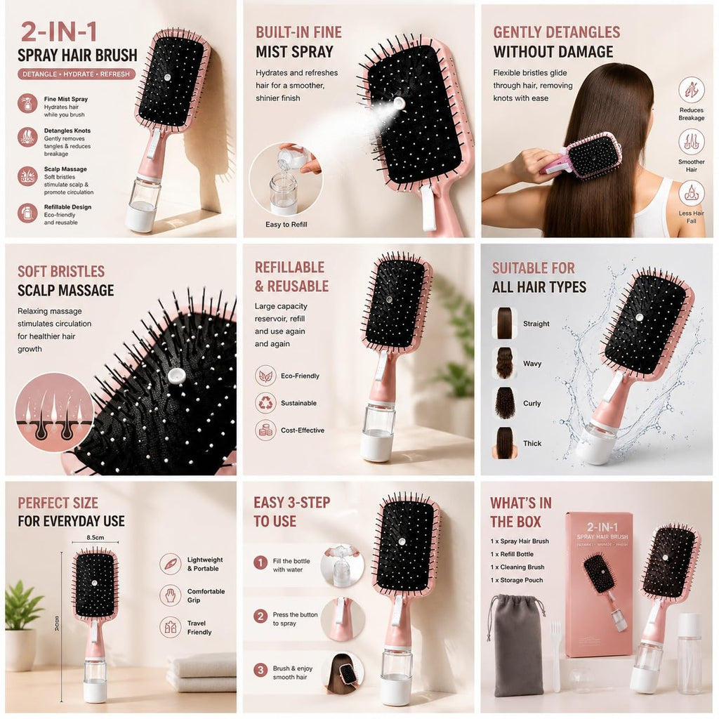 2-in-1 Spray Hair Brush with Water Mist, Pink