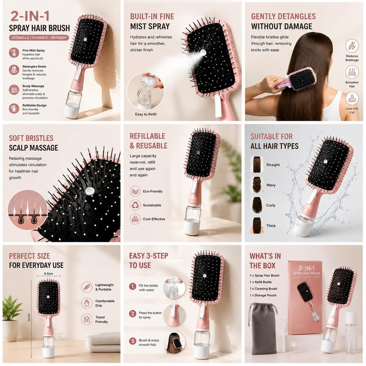 2-in-1 Spray Hair Brush with Water Mist, Pink