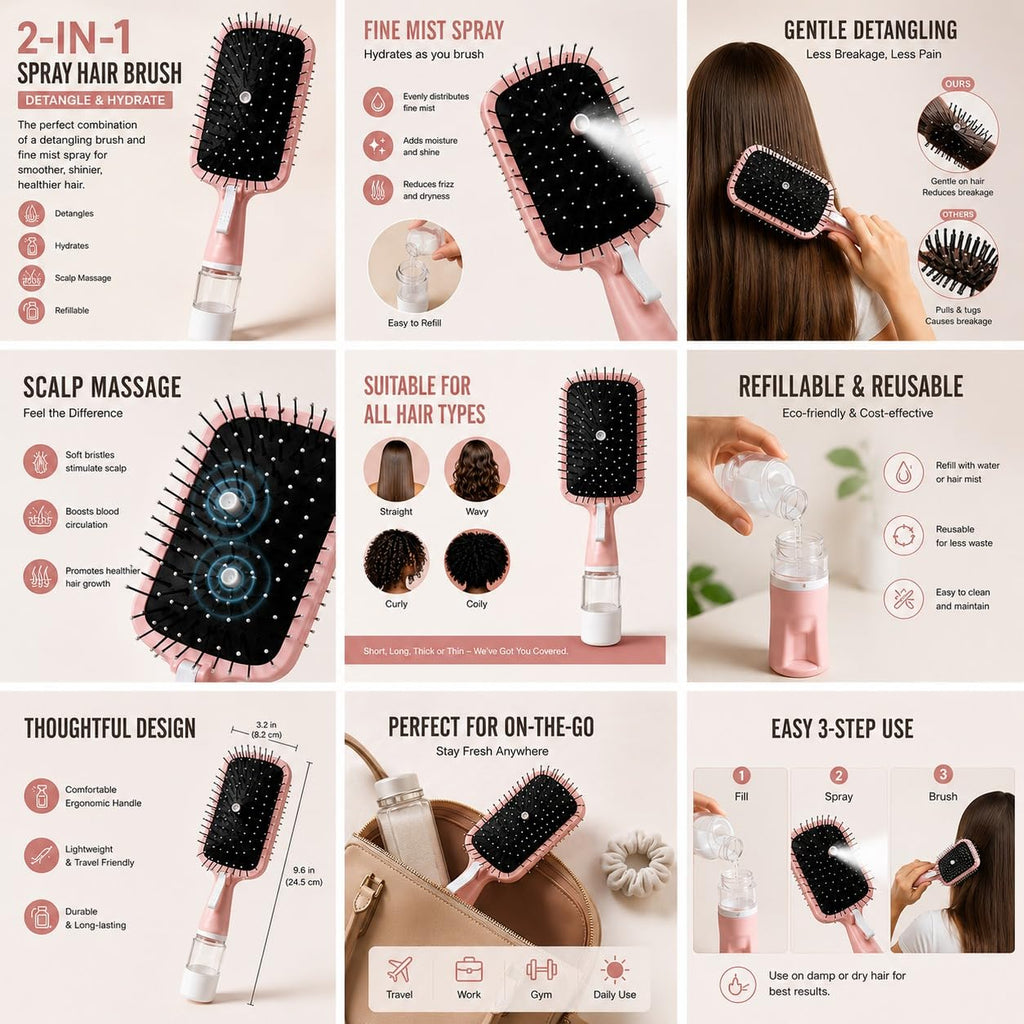 2-in-1 Spray Hair Brush with Water Mist, Pink
