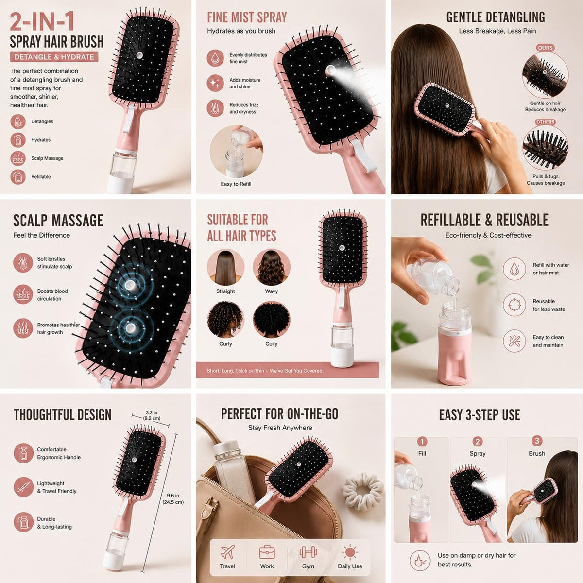 2-in-1 Spray Hair Brush with Water Mist, Pink