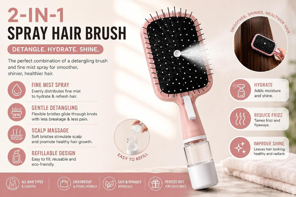 2-in-1 Spray Hair Brush with Water Mist, Pink