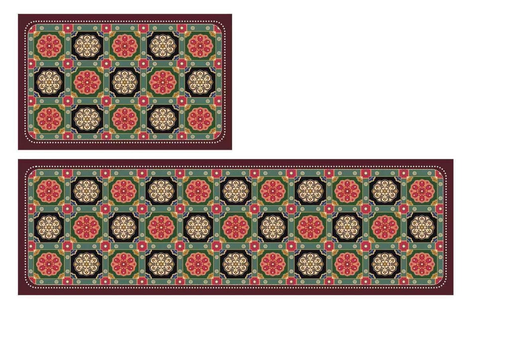 Kitchen Runner Mat Set of 2, PVC Vintage Tile Design