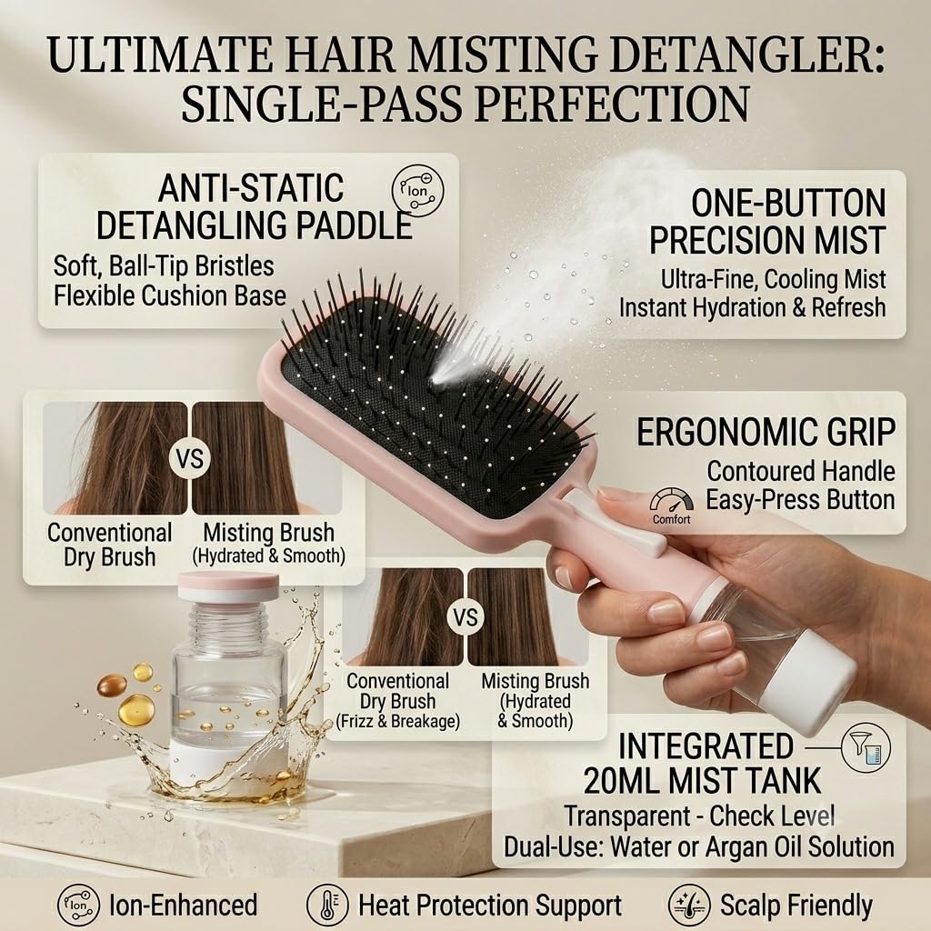 2-in-1 Spray Hair Brush with Water Mist, Pink
