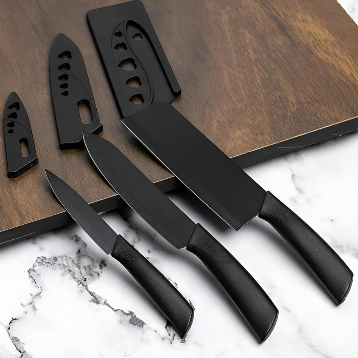 Stainless Steel Knife Set - 3-Piece Chef, Utility & Paring Blades with Anti-Slip Handles & Color Coating | Sharp Kitchen Knives for Slicing, Dicing, Chopping (Black)