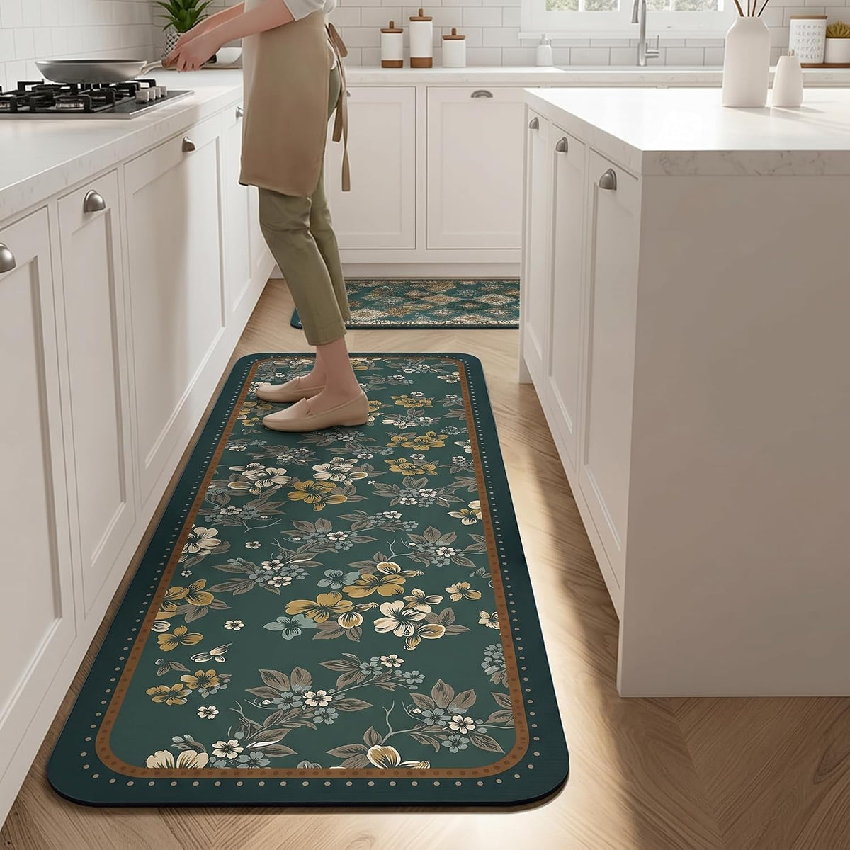 Kitchen Runner Mat Set of 2, PVC Vintage Tile Design