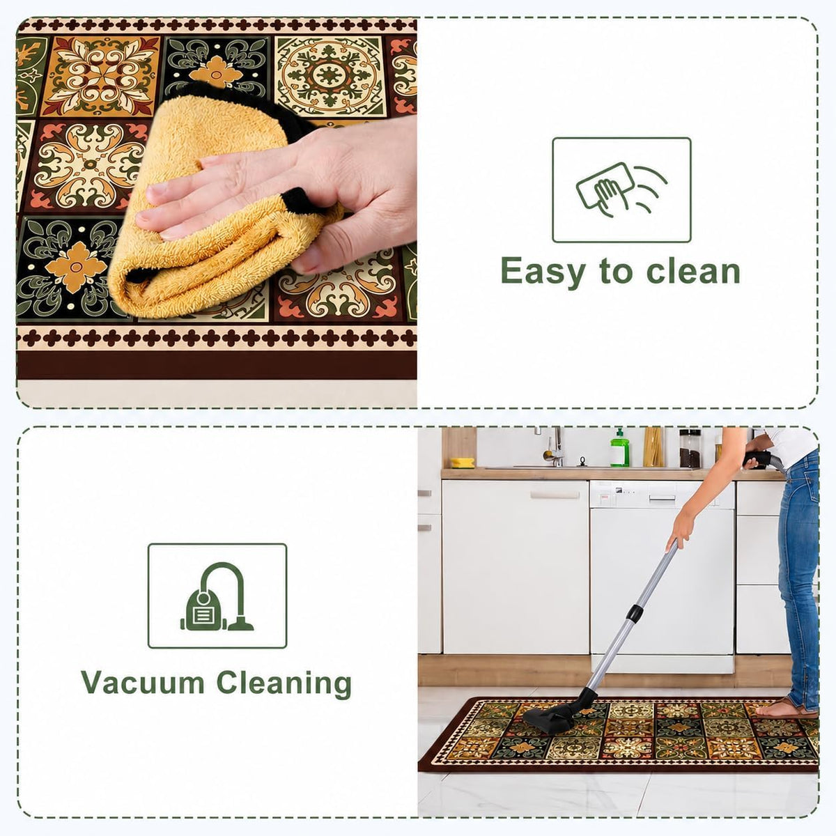 Kitchen Runner Mat Set of 2, PVC Vintage Tile Design