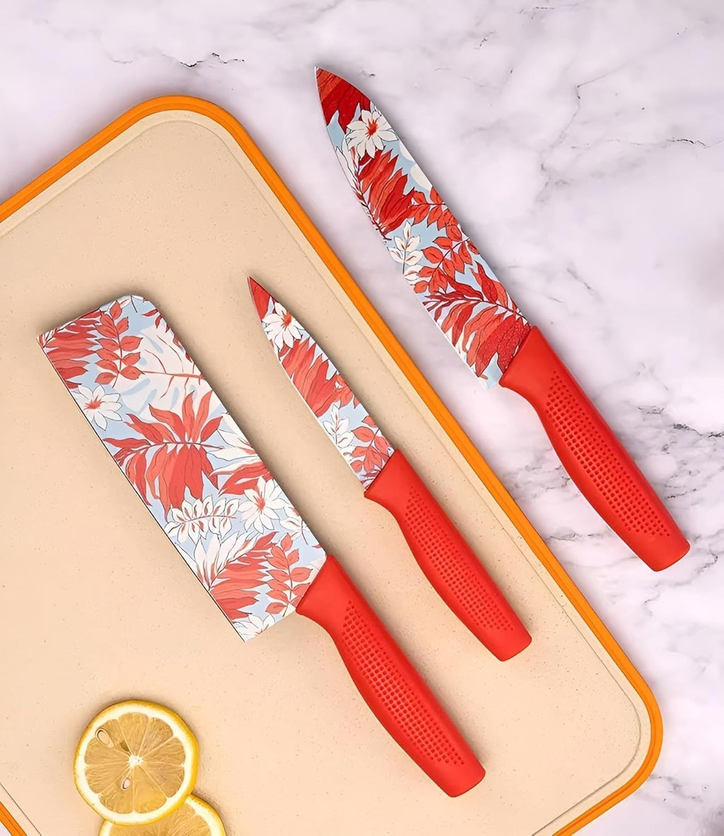 Stainless Steel Knife Set - 3-Piece Chef, Utility & Paring Blades with Anti-Slip Handles & Color Coating | Sharp Kitchen Knives for Slicing, Dicing, Chopping (Black)
