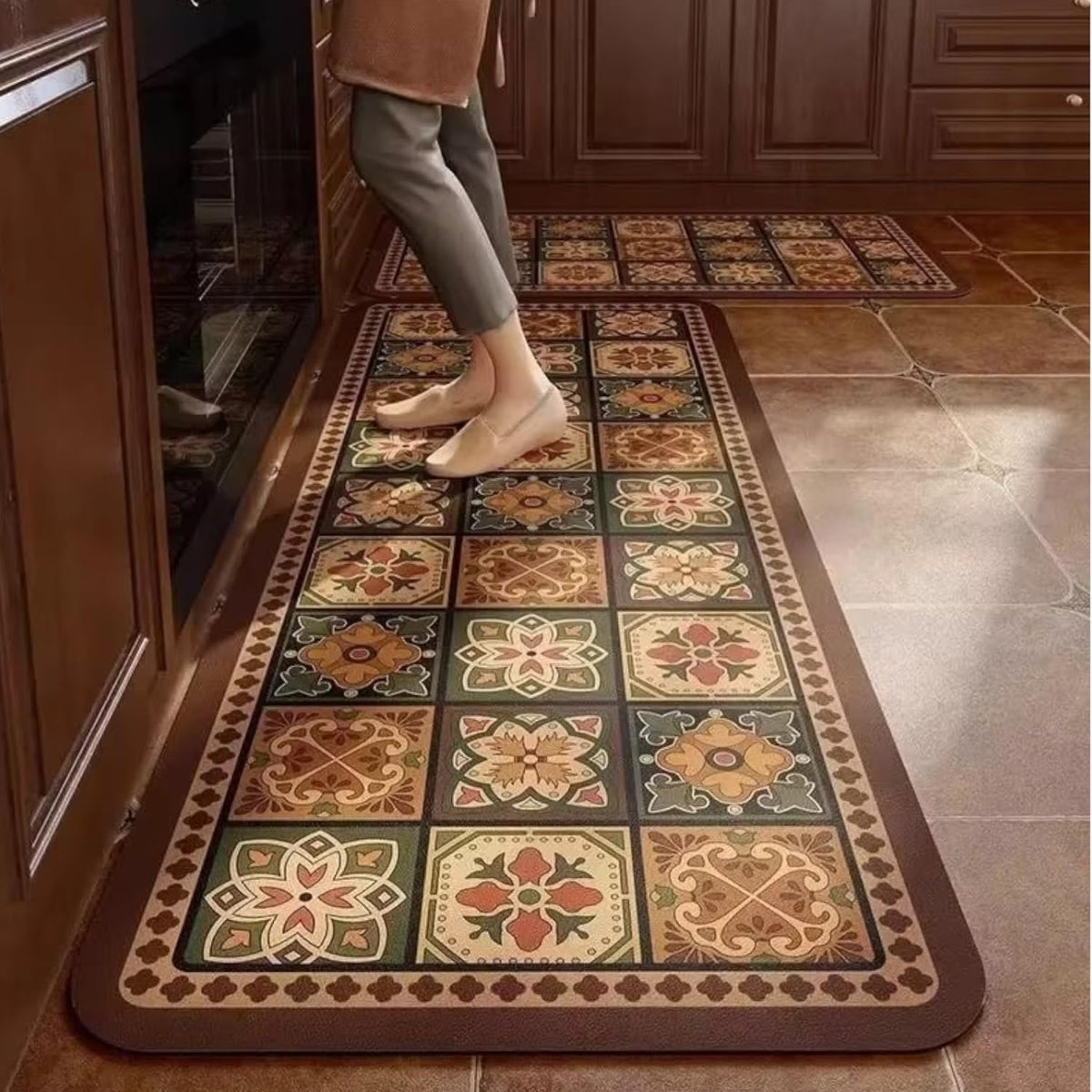 Kitchen Runner Mat Set of 2, PVC Vintage Tile Design