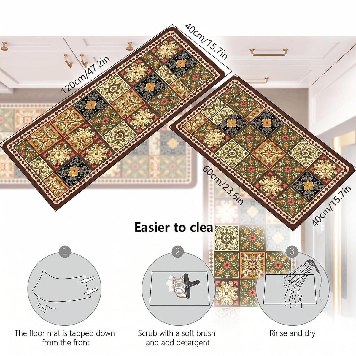 Kitchen Runner Mat Set of 2, PVC Vintage Tile Design