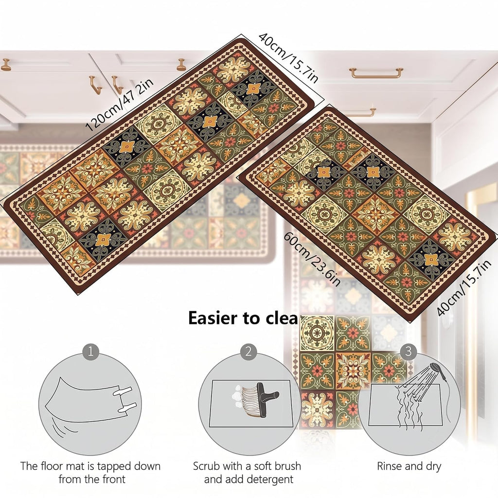Kitchen Runner Mat Set of 2, PVC Vintage Tile Design