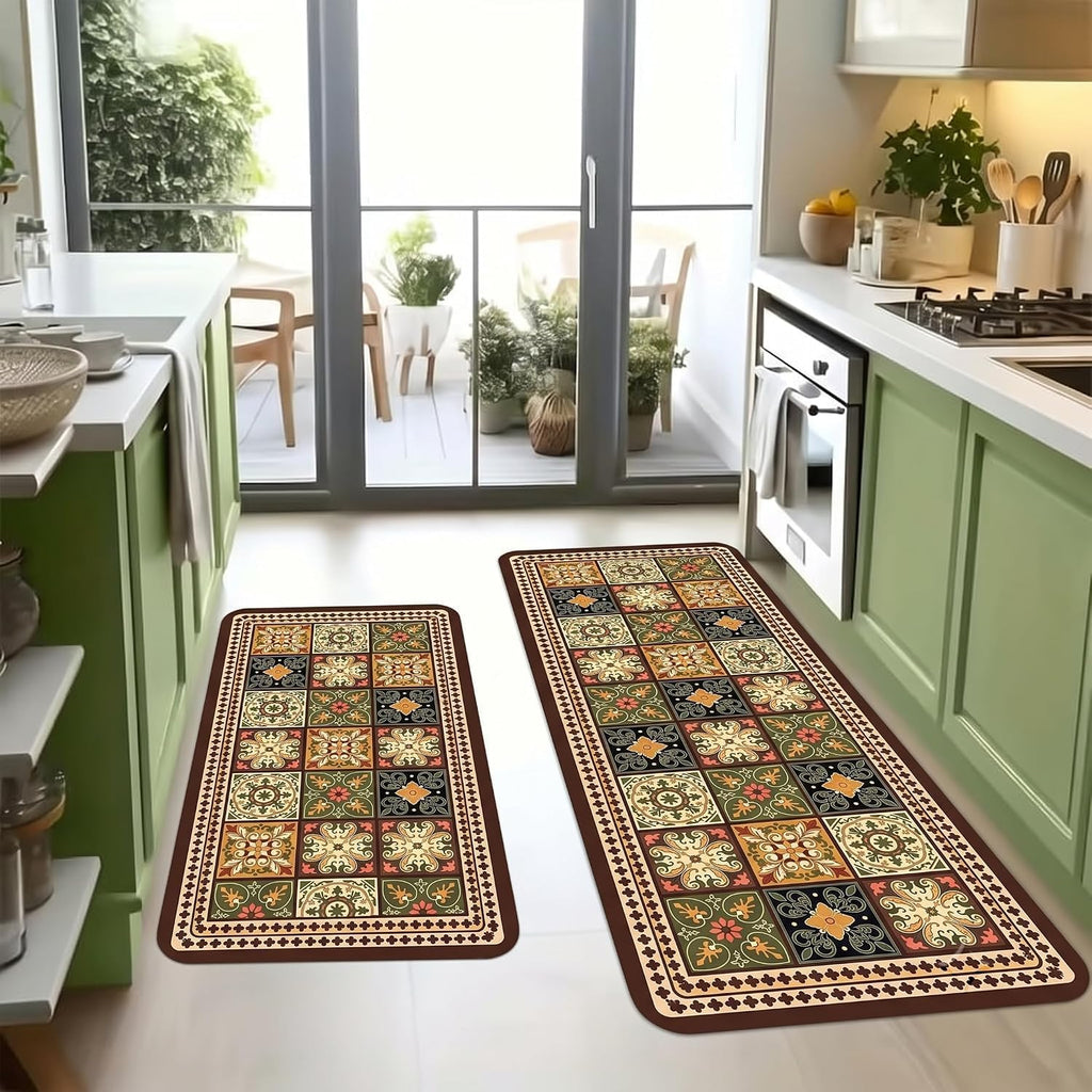 Kitchen Runner Mat Set of 2, PVC Vintage Tile Design