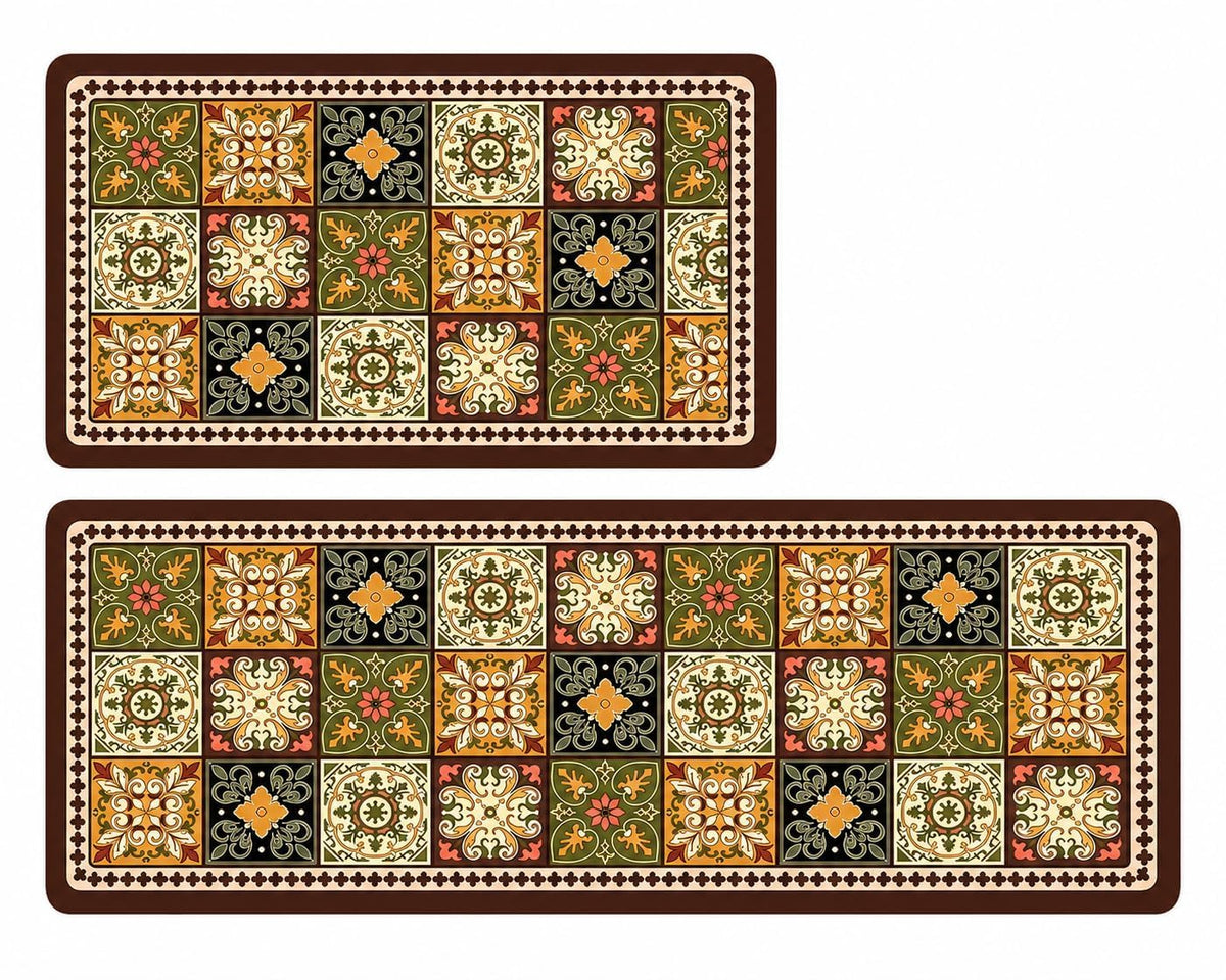 Kitchen Runner Mat Set of 2, PVC Vintage Tile Design