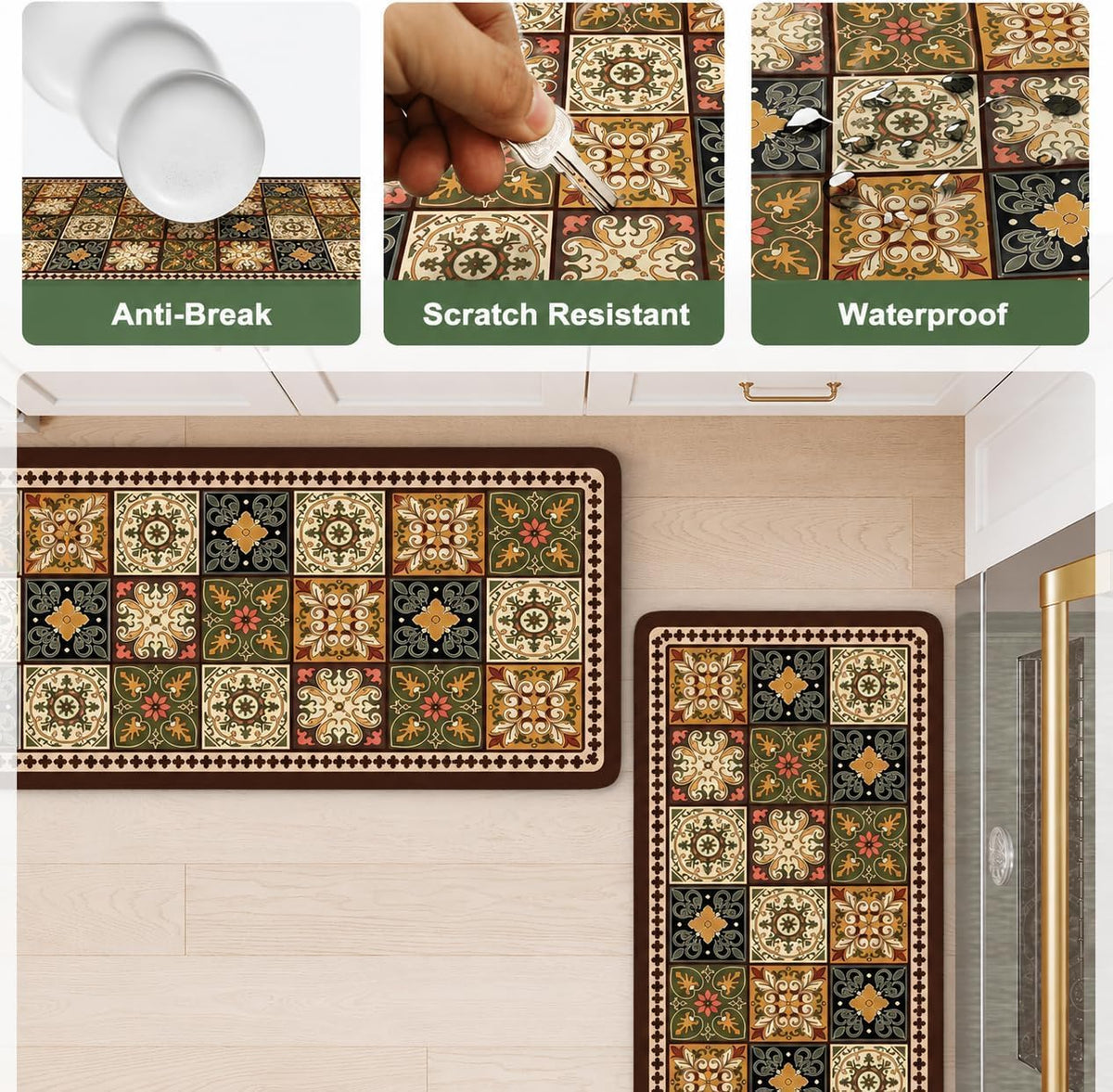 Kitchen Runner Mat Set of 2, PVC Vintage Tile Design