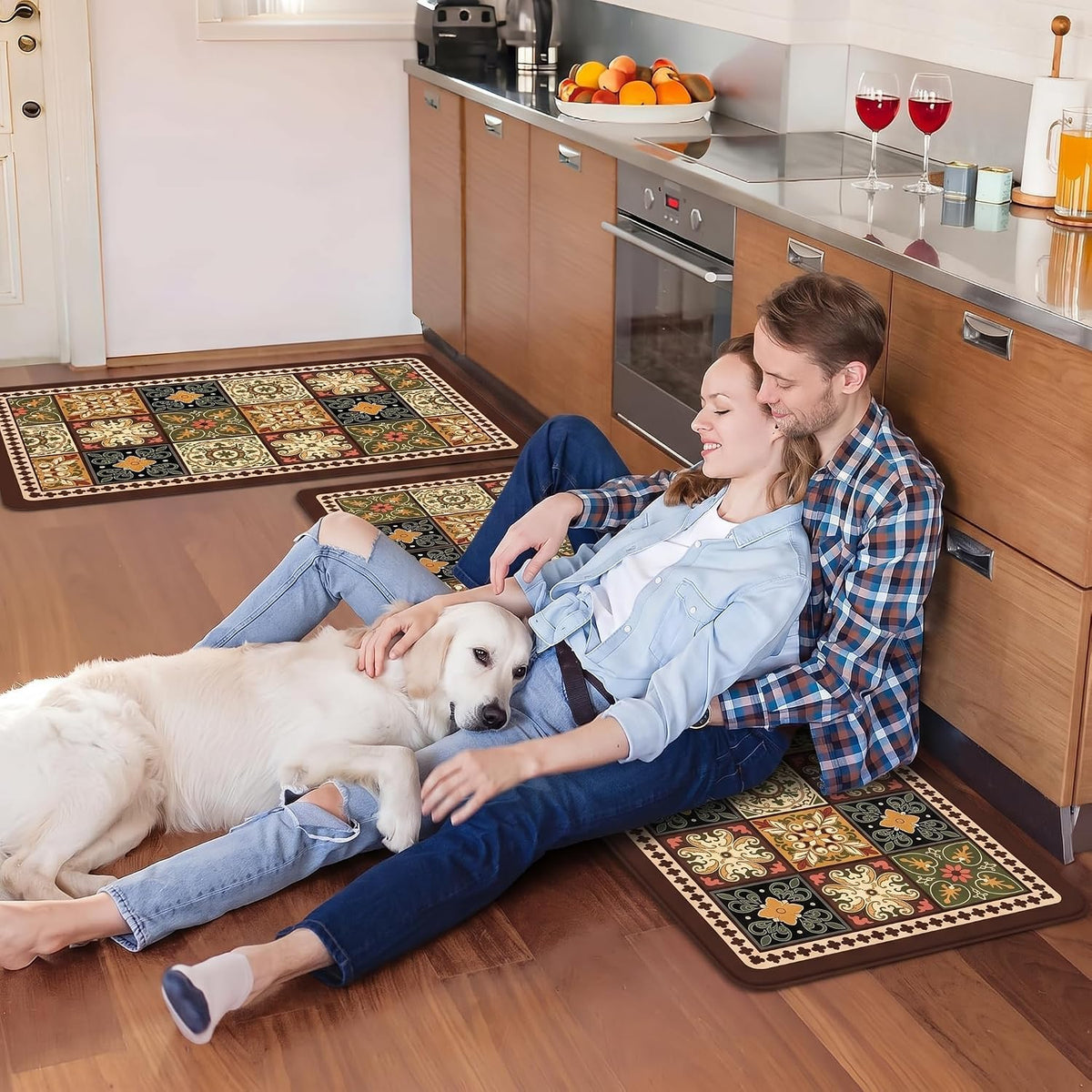 Kitchen Runner Mat Set of 2, PVC Vintage Tile Design