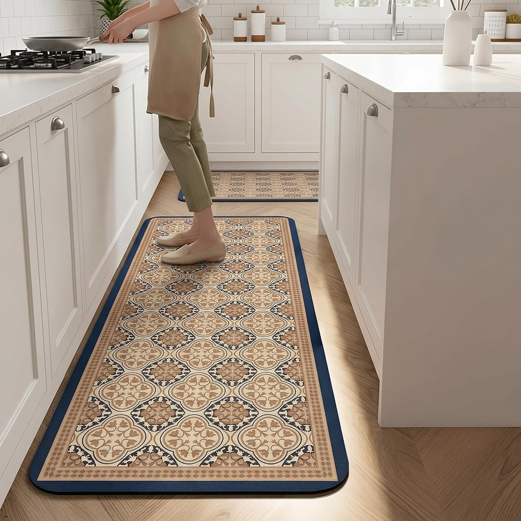 Kitchen Runner Mat Set of 2, PVC Vintage Tile Design