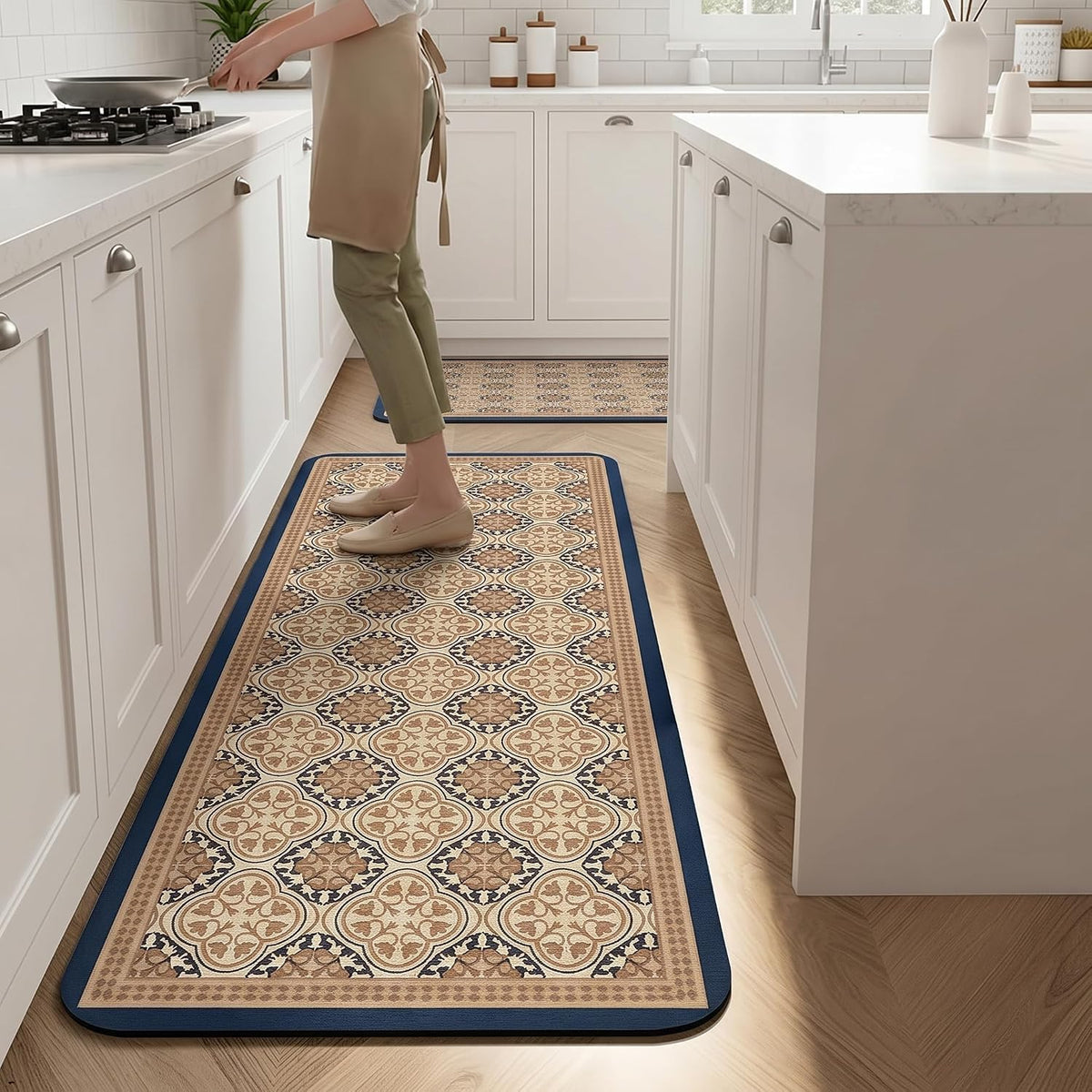 Kitchen Runner Mat Set of 2, PVC Vintage Tile Design