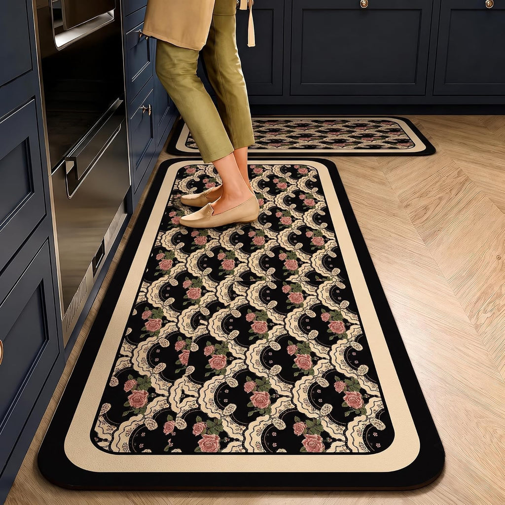 Kitchen Runner Mat Set of 2, PVC Vintage Tile Design