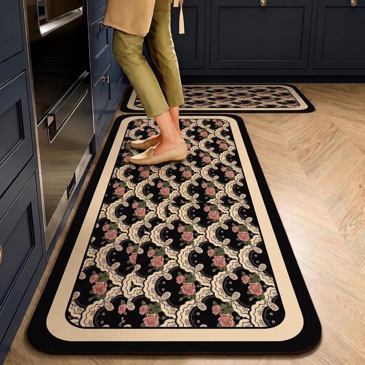 Kitchen Runner Mat Set of 2, PVC Vintage Tile Design