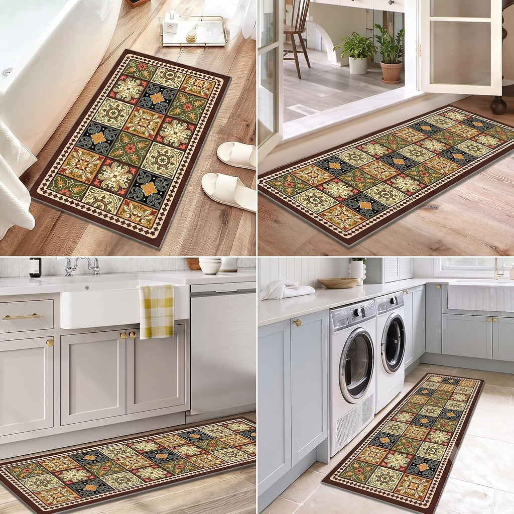 Kitchen Runner Mat Set of 2, PVC Vintage Tile Design