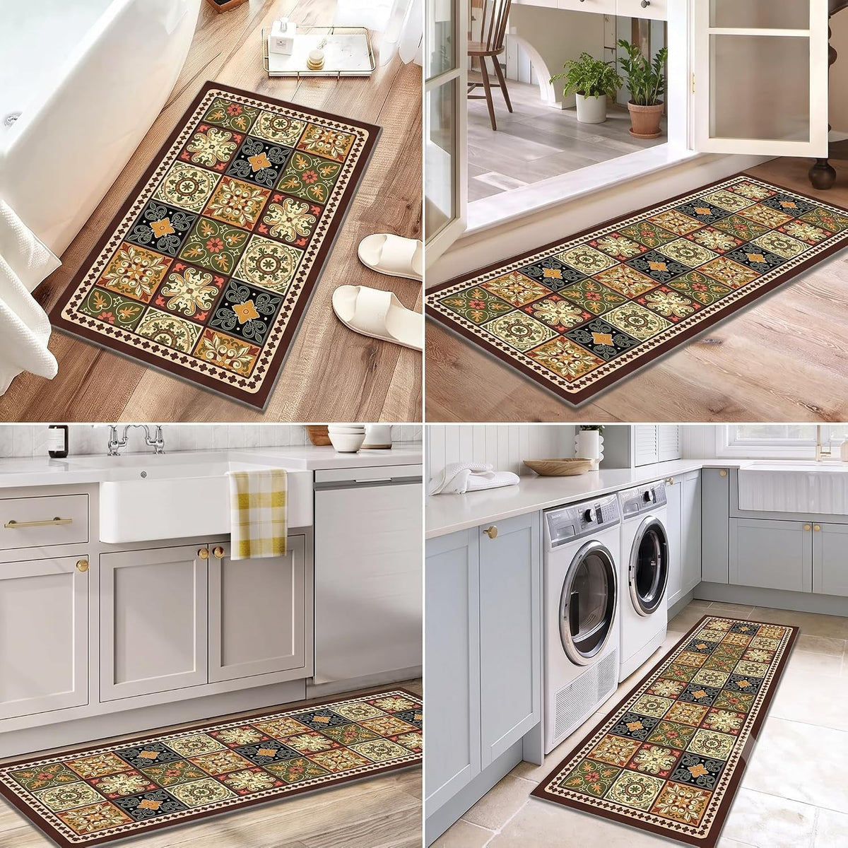 Kitchen Runner Mat Set of 2, PVC Vintage Tile Design