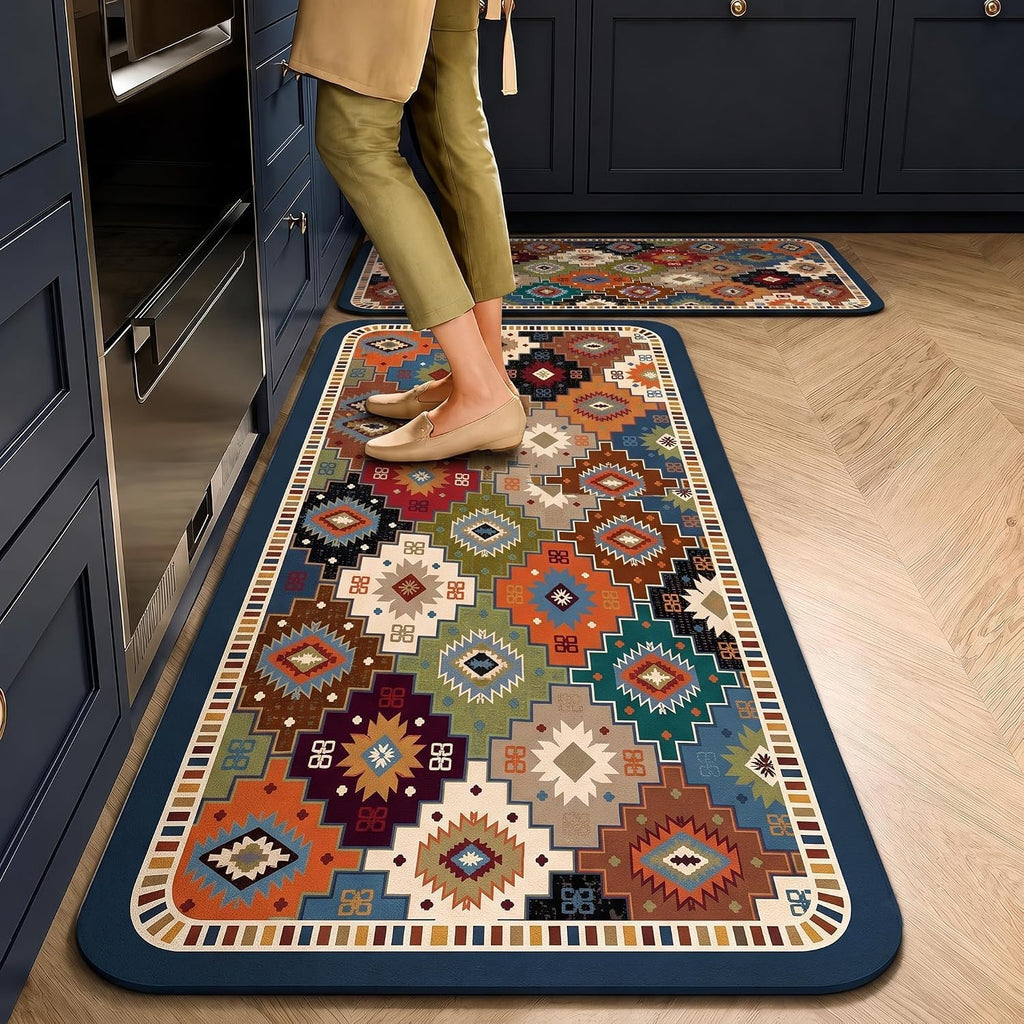 Kitchen Runner Mat Set of 2, PVC Vintage Tile Design
