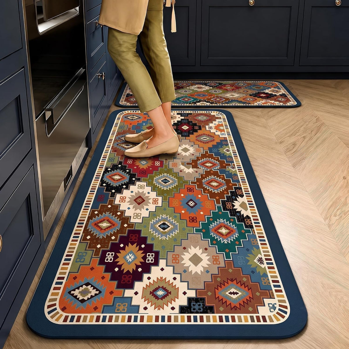 Kitchen Runner Mat Set of 2, PVC Vintage Tile Design