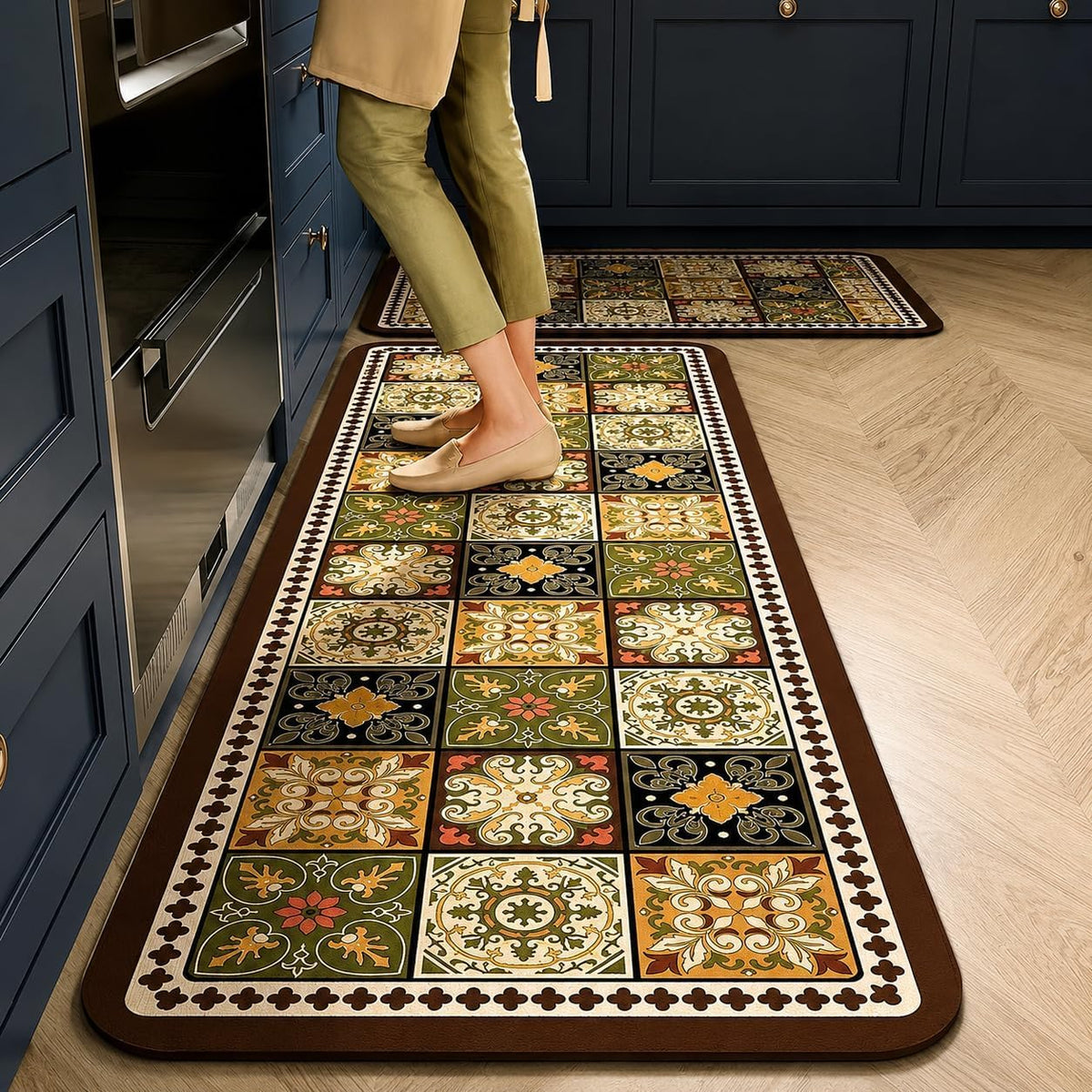 Kitchen Runner Mat Set of 2, PVC Vintage Tile Design